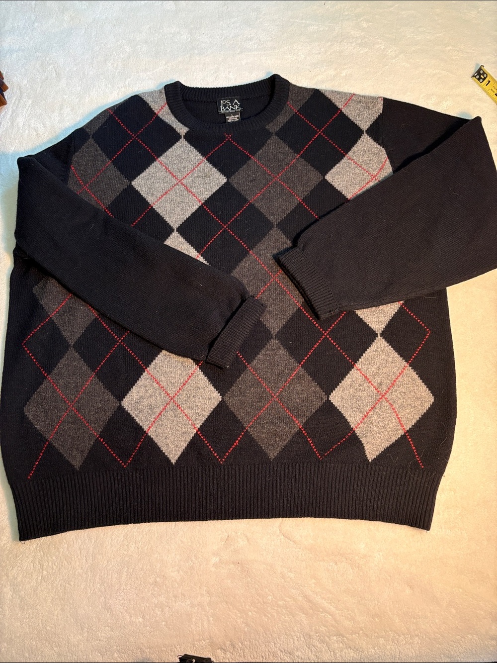 Jos. A. Bank Charcoal Gray Argyle 80% Lambswool Crewneck Sweater Size L